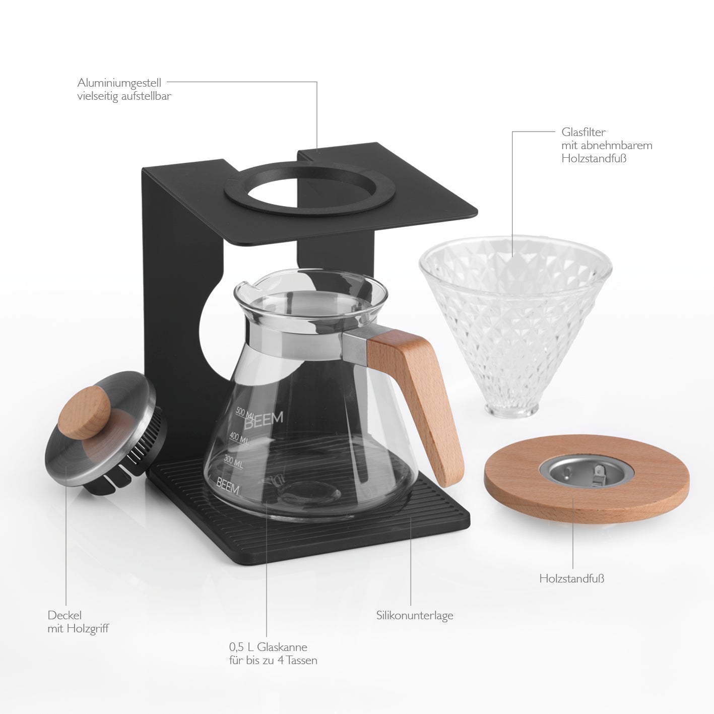 Beem Pour Over Set caffettiera filtro vetro 4 tazze 0,5 L