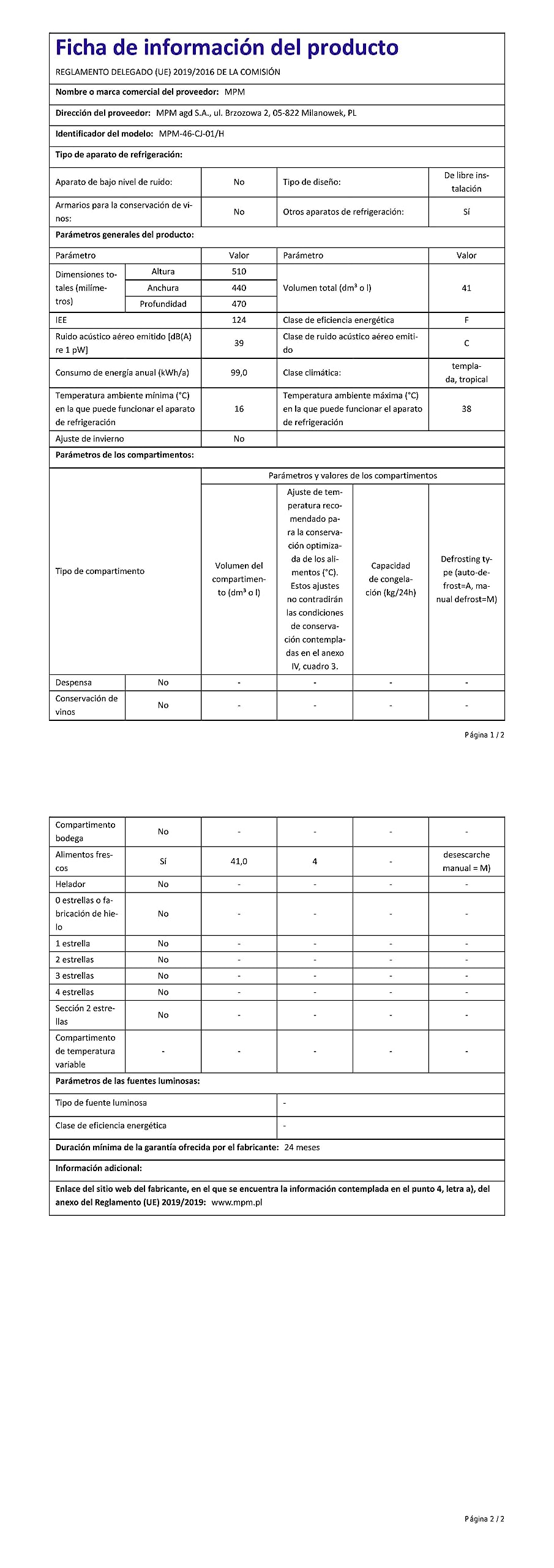 MPM 46-CJ-01/H minifrigo 41 L bianco con freezer