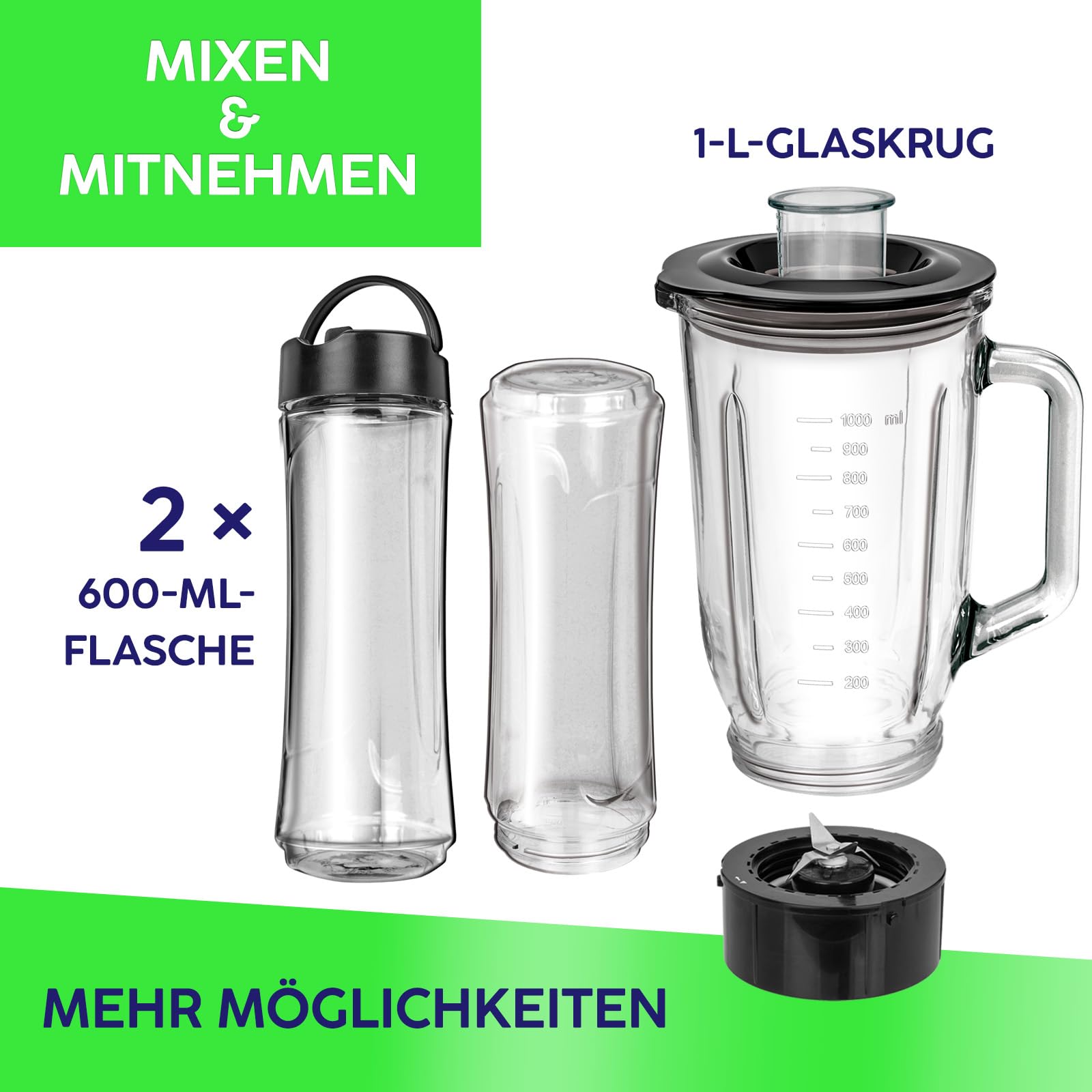 MPM MBL-15M frullatore 1L + 2 bottiglie 0,6L 450W