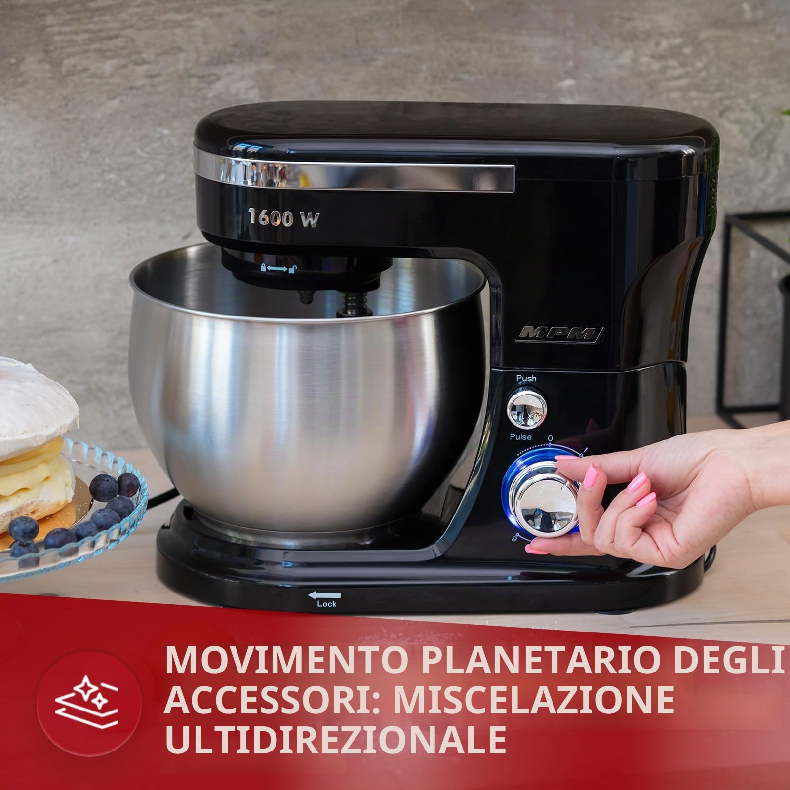 MPM Robot planetario nero 1600W ciotole 5 L e 4 L