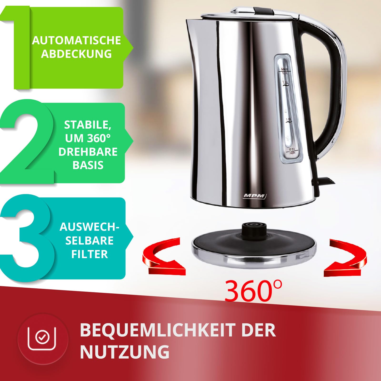 MPM MCZ-71P Bollitore Elettrico 1,7 L 2200W Acciaio Inox