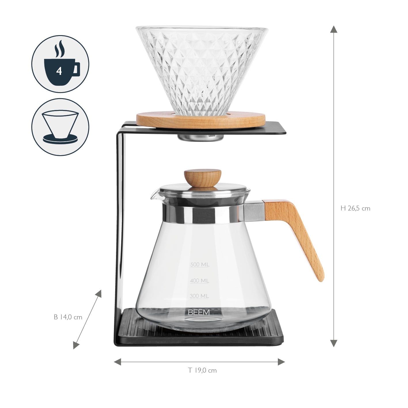 Beem Pour Over Set caffettiera filtro vetro 4 tazze 0,5 L