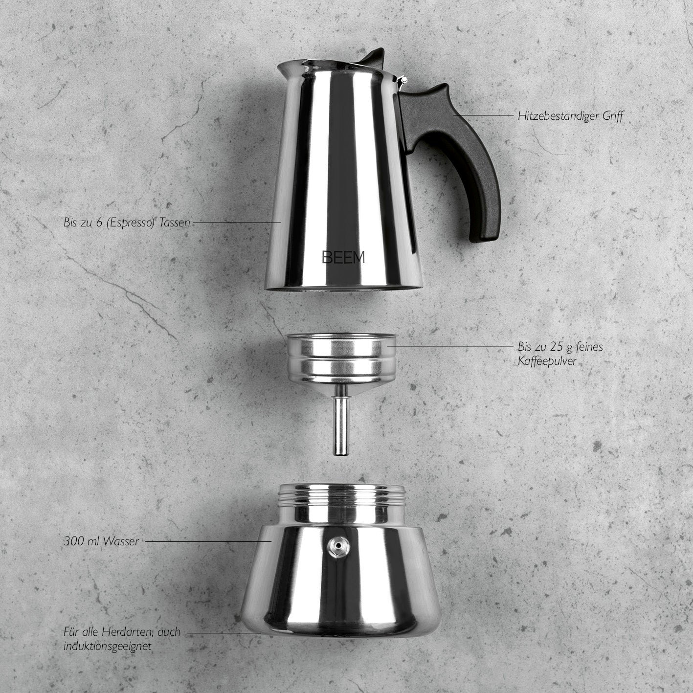 Beem Espressokocher moka acciaio 6 tazze 300 ml