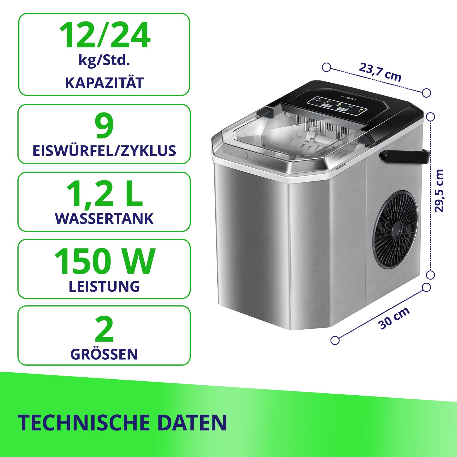 MPM Macchina Ghiaccio 12kg/24h Argento 1,2L 150W