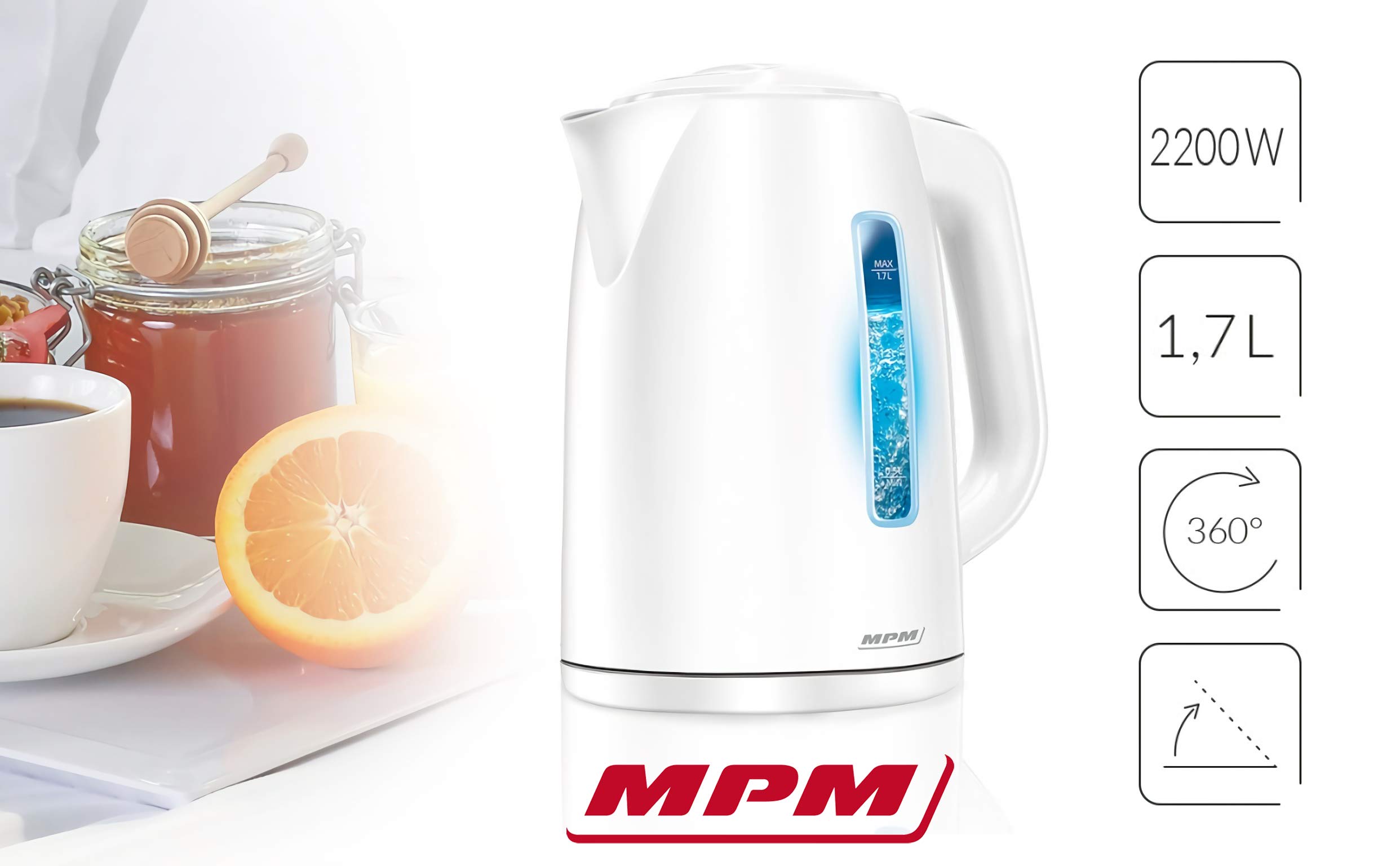 MPM MCZ-66 Bollitore Elettrico 1,7 L 2200W Bianco senza Fili