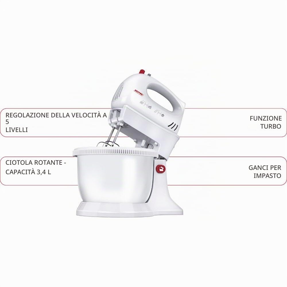 MPM MMR-16Z Impastatrice con Ciotola 3,4 L Bianca 750W