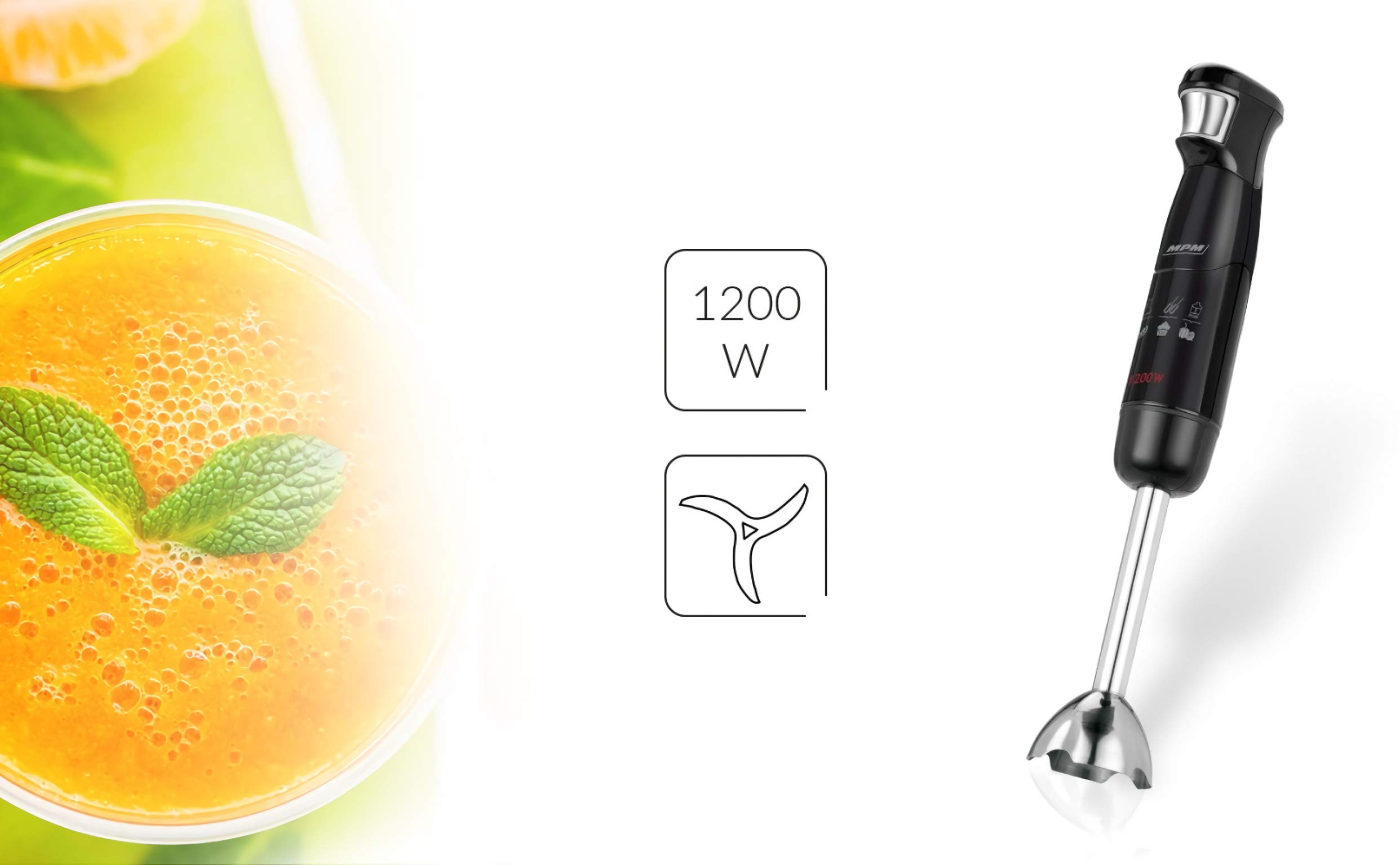 MPM MBL-29/C Frullatore Immersione 1200W Nero 3 in 1 Acciaio
