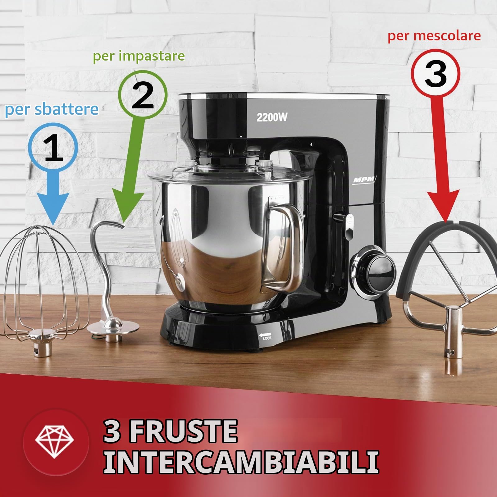 MPM MRK-19 Robot Cucina Planetaria 6,5L 2200W Acciaio