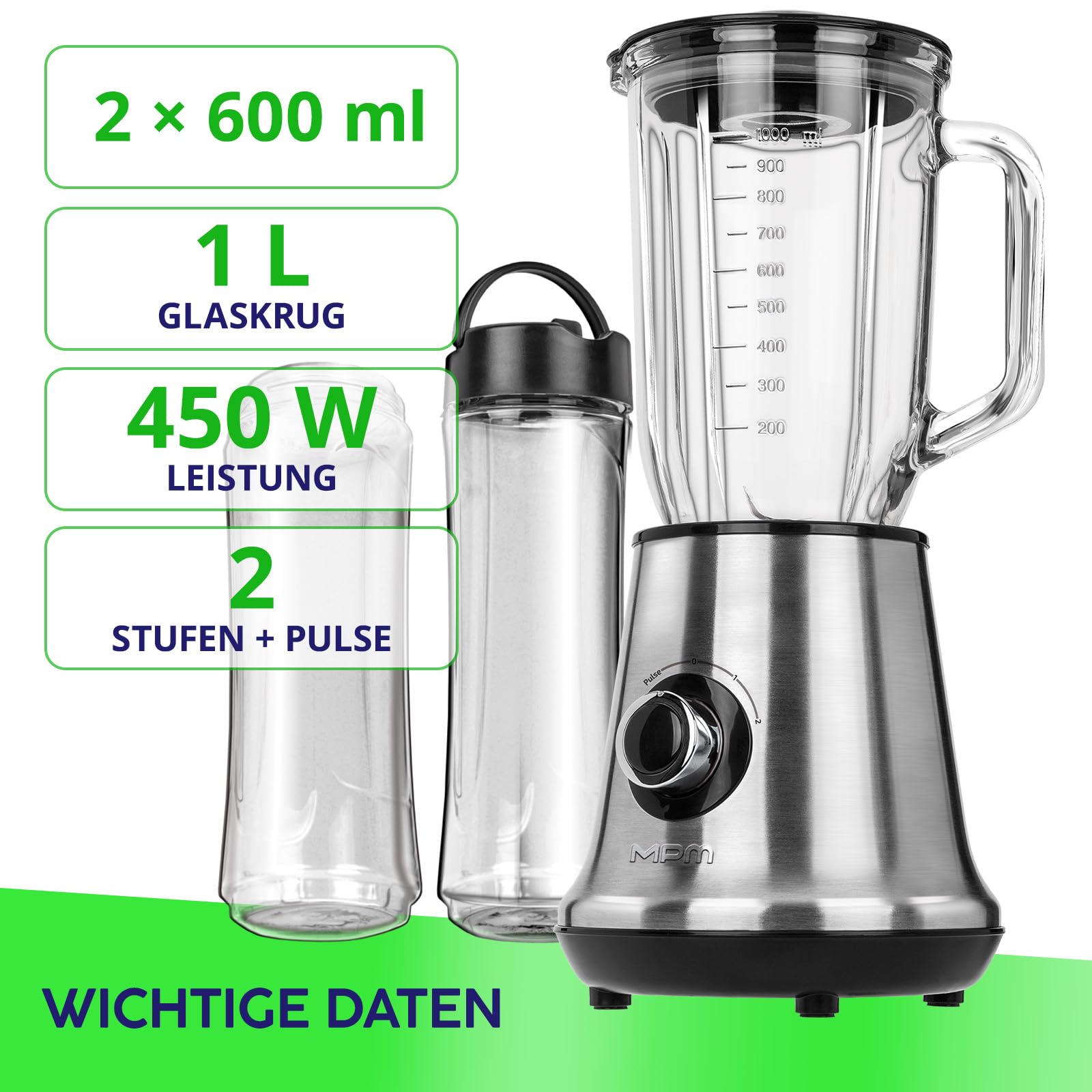 MPM MBL-15M frullatore 1L + 2 bottiglie 0,6L 450W