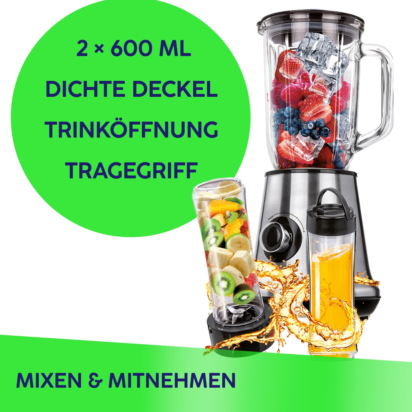 MPM MBL-15M frullatore 1L + 2 bottiglie 0,6L 450W