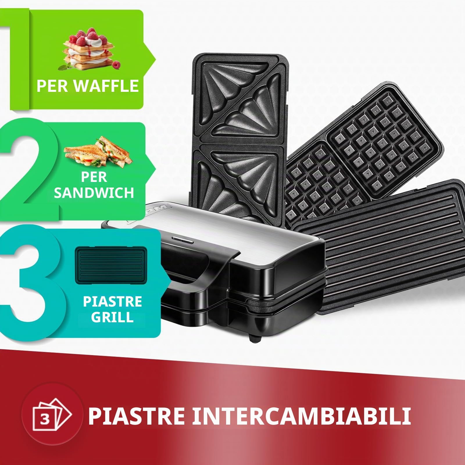 MPM MOP-43M Tostiera 3in1 Sandwich 1000W Piastre