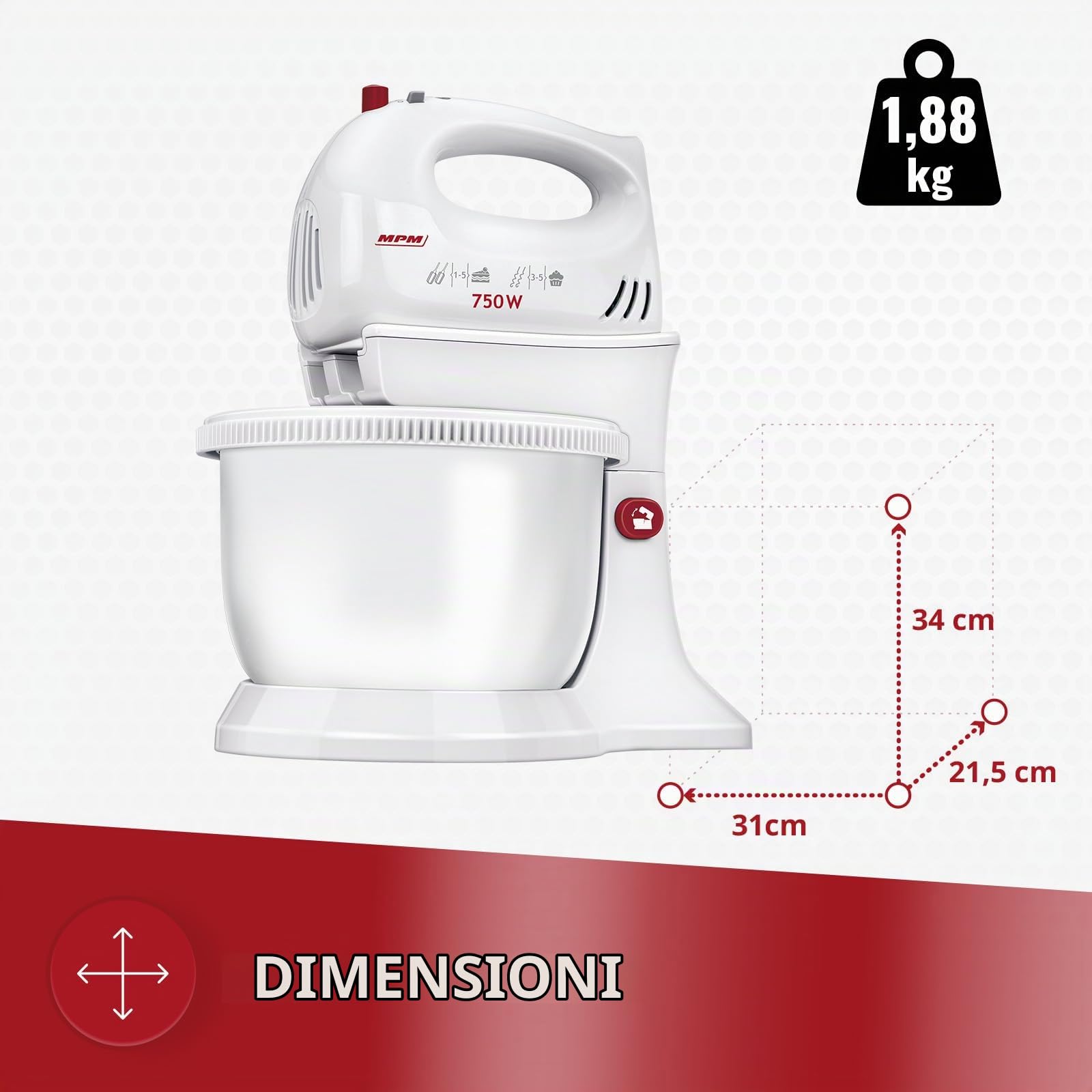 MPM MMR-16Z Impastatrice con Ciotola 3,4 L Bianca 750W