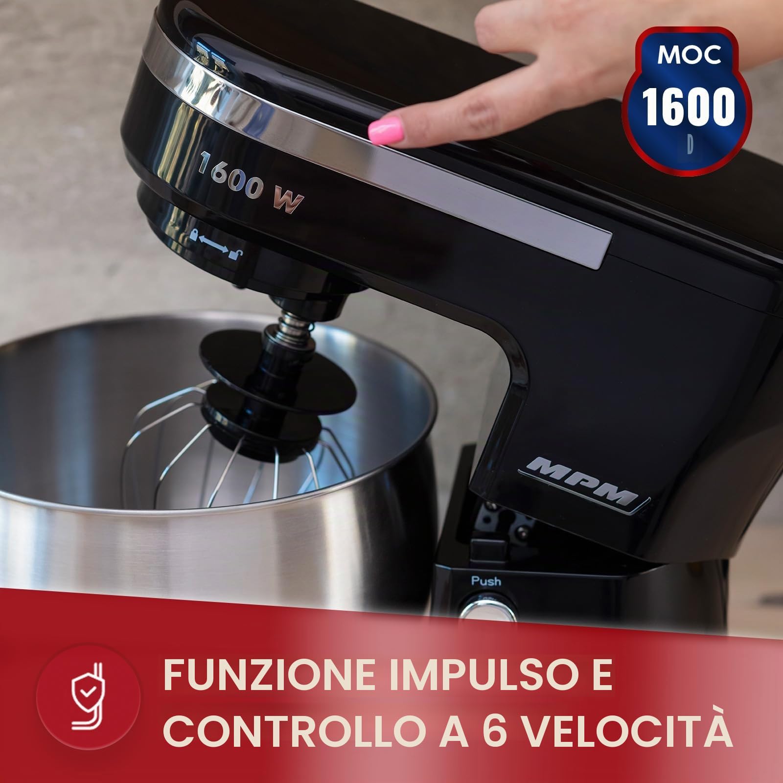 MPM Robot planetario nero 1600W ciotole 5 L e 4 L